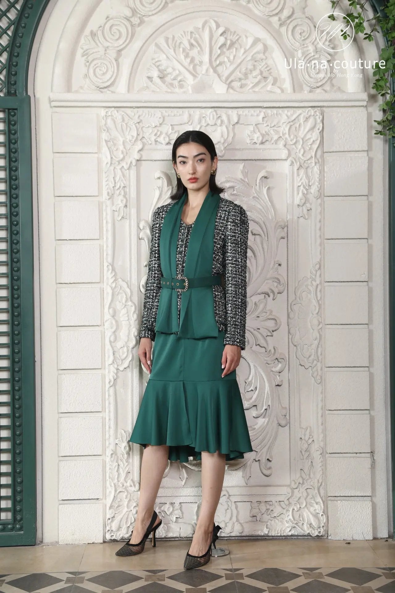 Elegant Green Skirt Suit with Tweed Jacket - Urban Couture Collection ULA